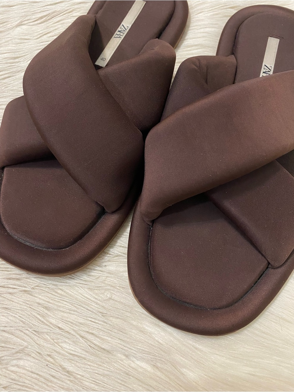 Zara Puffy Slip On Crisscross Sandals Dark Chocolate Brown Square Toe 40 US 9 - Picture 5 of 11